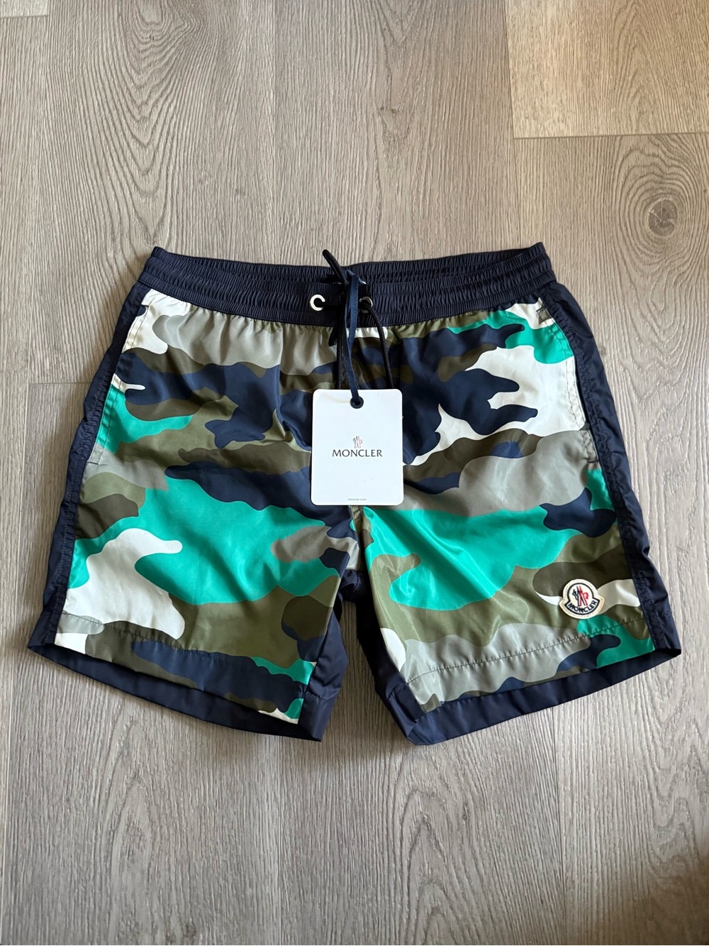 Moncler Men's Green, Blue and Beige Camo Swim Trunks